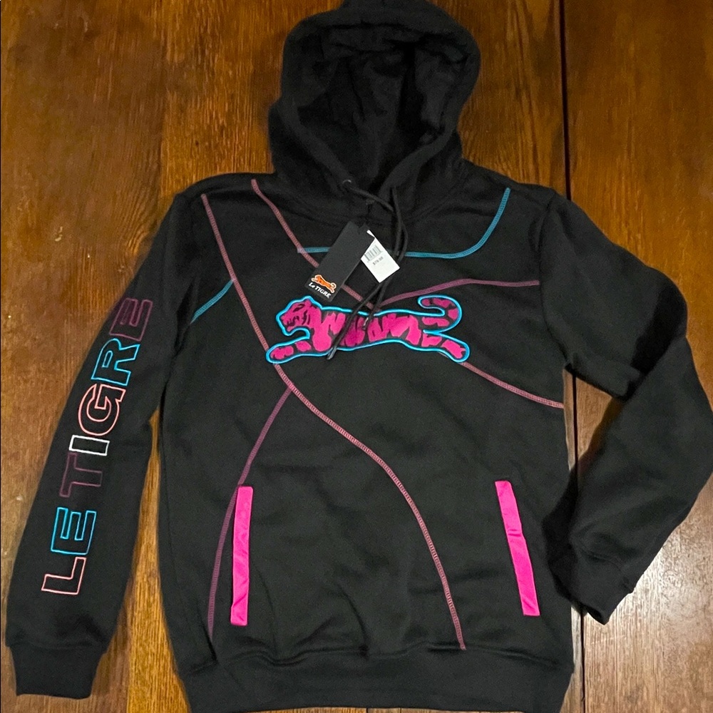 Le Tigre Logo Pullover Hoodie Black Pink Embroidered